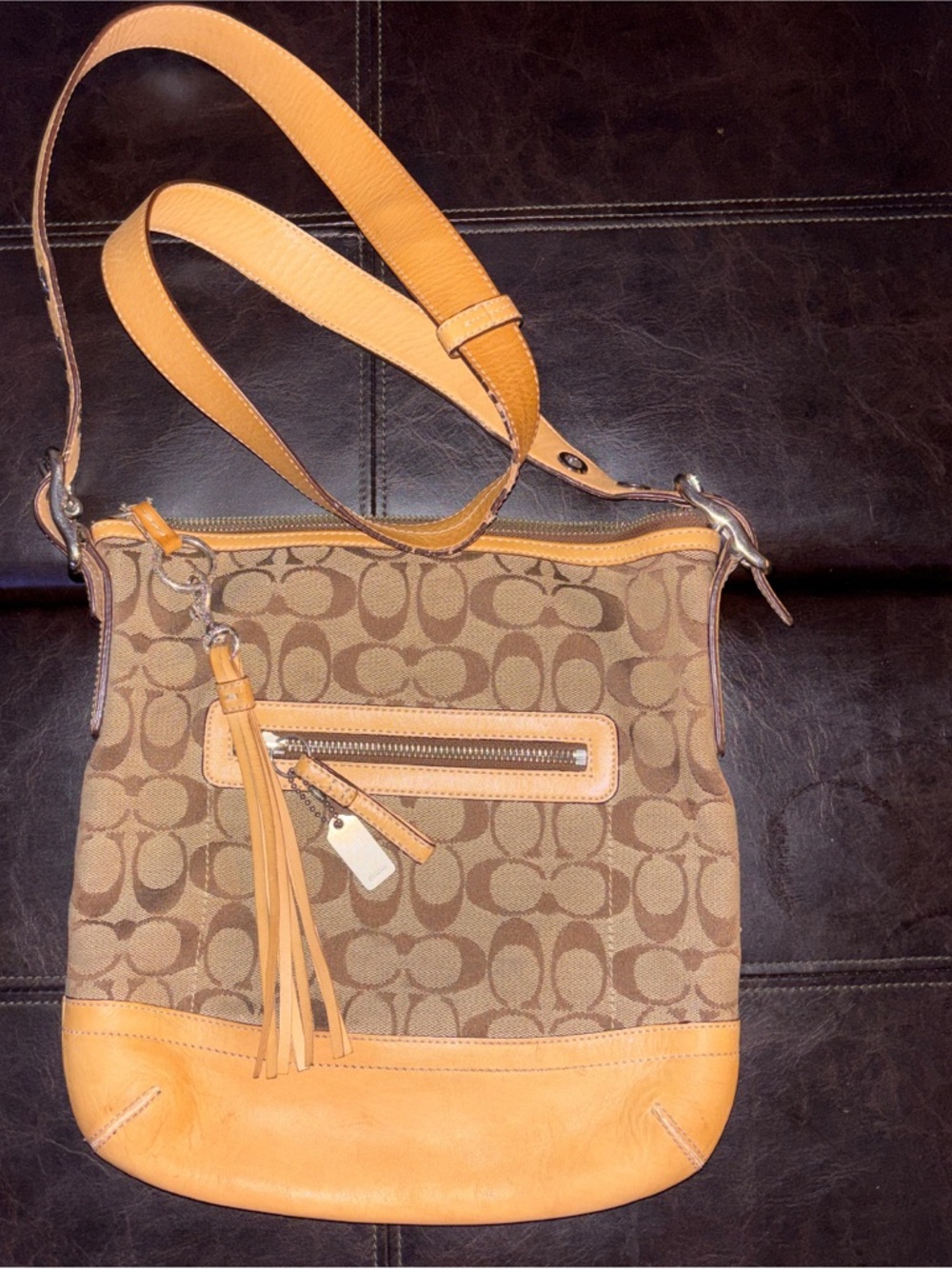 Coach Brown Signature Canvas Crossbody with Tan Leather Trim